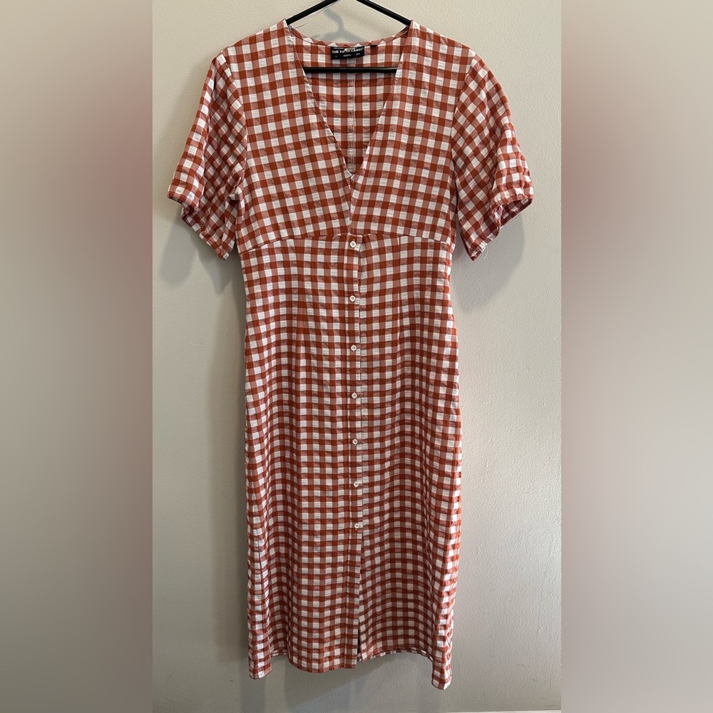 The Fifth Label Nouveau Check Gingham Midi Dress Button Front Rust White Size 8
